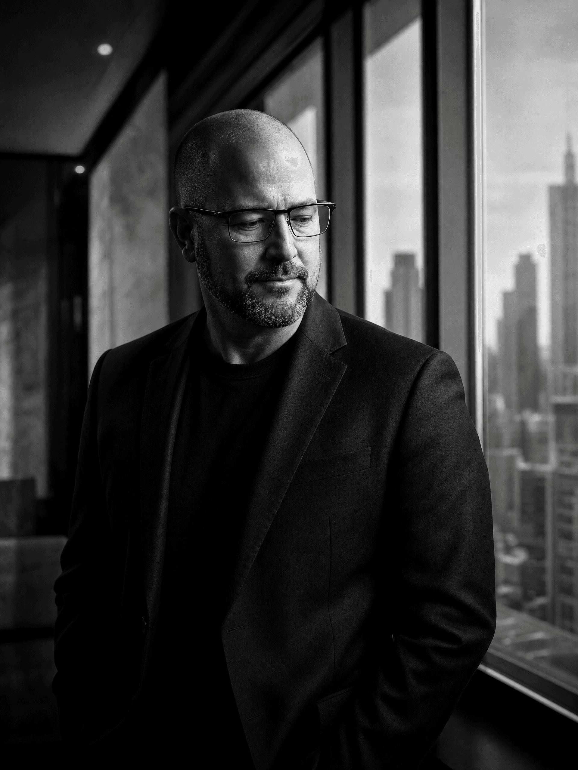 Gary Kinsey standing beside a city window